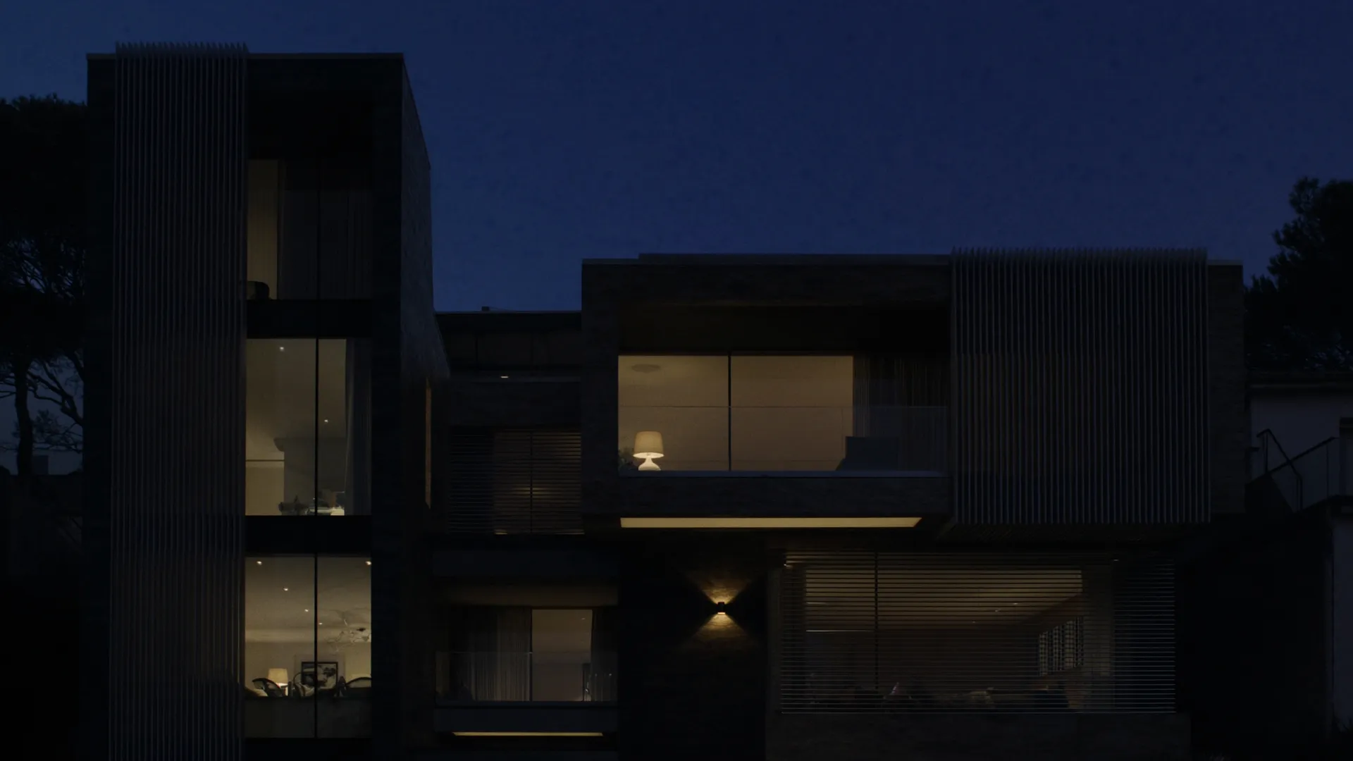 Residenza moderna illuminata all’ora blu, dettaglio architettonico premium